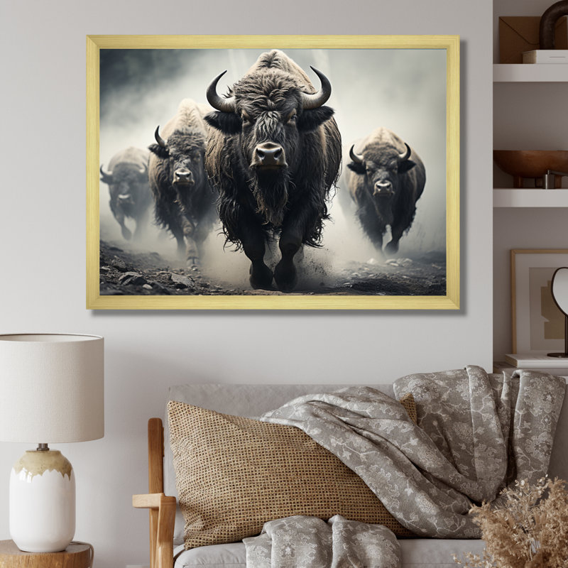 «Gray Buffalo Gentle Guardians I», art mural Buffalo, H 16 po x l 32 po x P 1 po, Cadre doré simple
