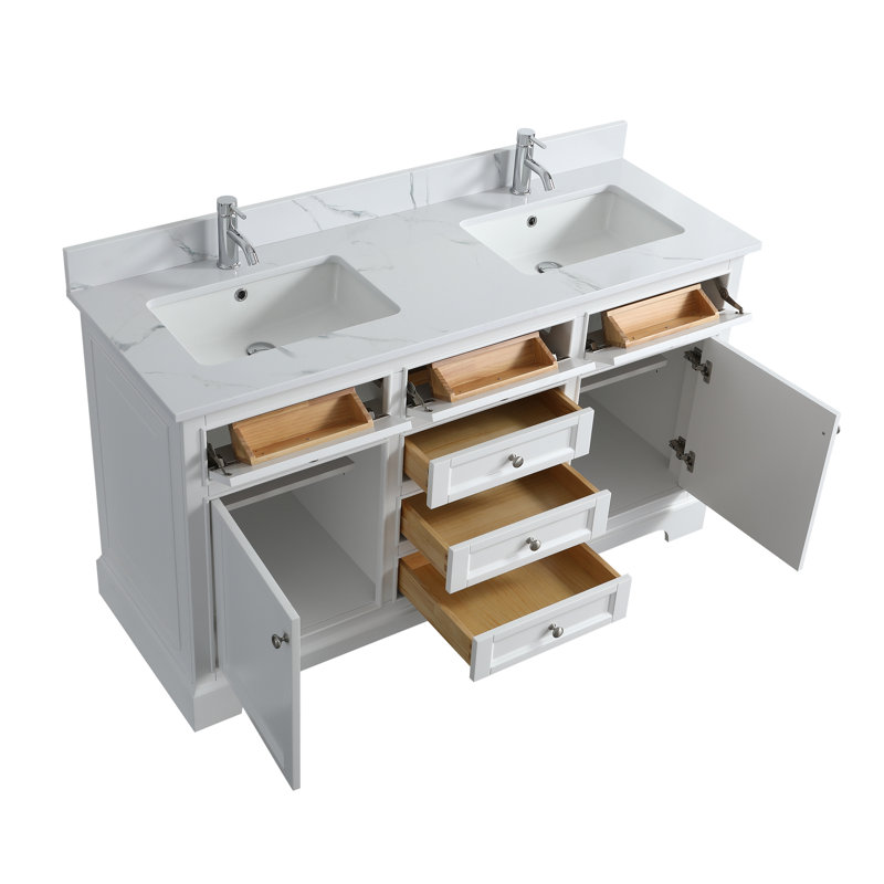 GEF 60 po L x 22 po P 2 portes et 6 tiroirs Meuble-lavabo avec évier double et Comptoir en Quartz de Calcutta