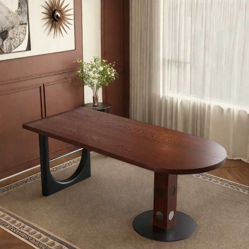 French Retro Solid Ash Half-round Dining Table., 29.53"H x 62.99"L x 27.56"W