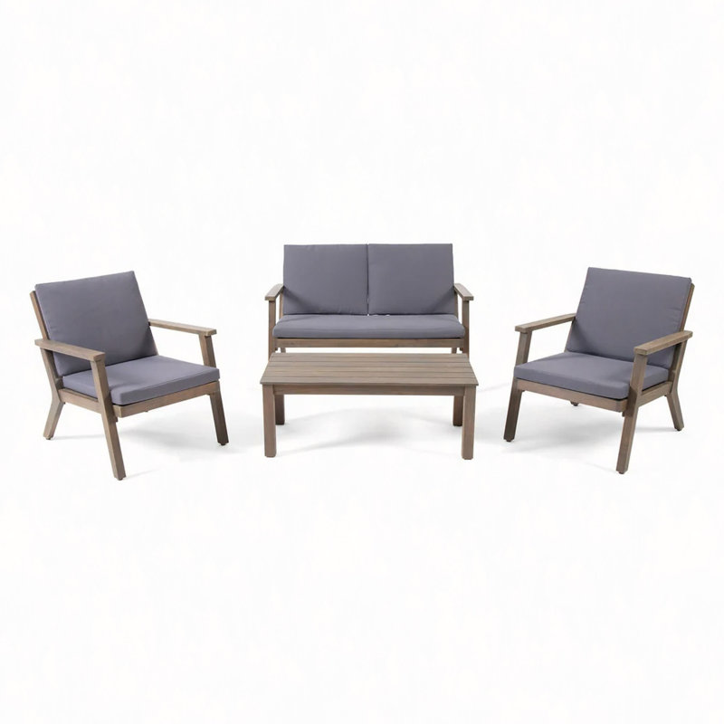 Acacia Wood Patio Set, Water-Resistant Cushions, Slatted Design, Loveseat + 2 Chairs + Table, Gray, Gray