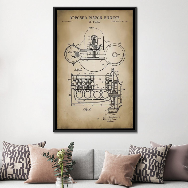 « opposed-moteur à piston », impression sur toile, H 26 po x l 18 po x P 1,5 po, Toile avec cadre noir, Pas de tapis