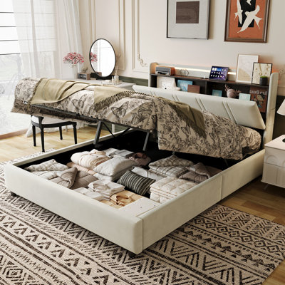 Ottoman Storage Bed Frame with Charging Station & Headboard Storage, Hydraulic Lift-Up Base