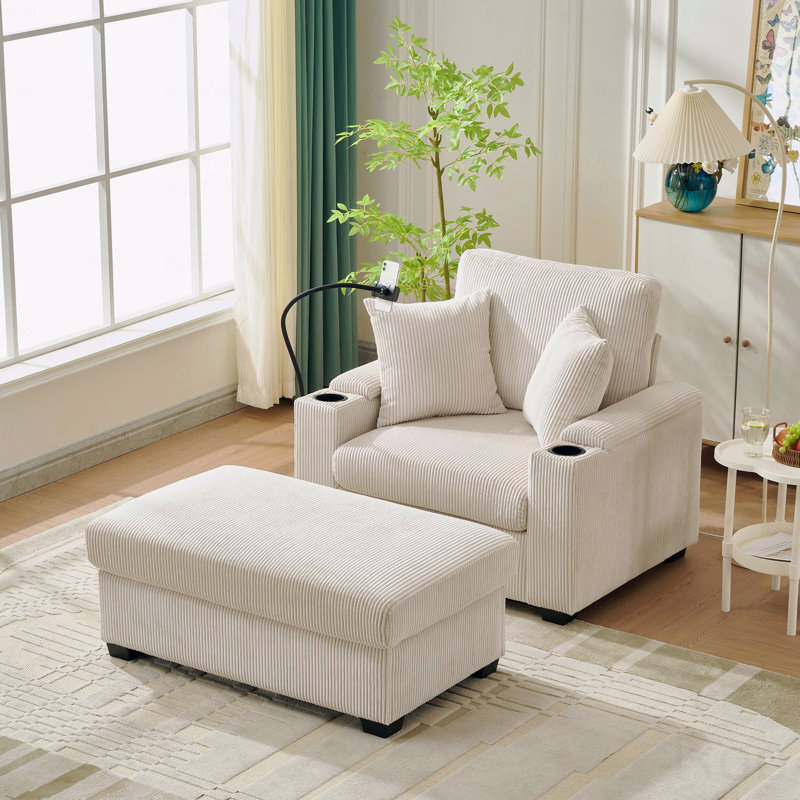 Fauteuil d'appoint 55 po surdimensionné avec repose-pieds et rangement, fauteuil d'appoint de base en velours côtelé confortable avec porte-gobelet, port de charge pour téléphone portable, fauteuil d'appoint inclinable de base