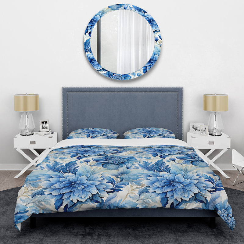«Blue Watercolor Damask Dahlia Mirage» - Ensemble de housse de couette à motif floral - Microfibre de polyester
