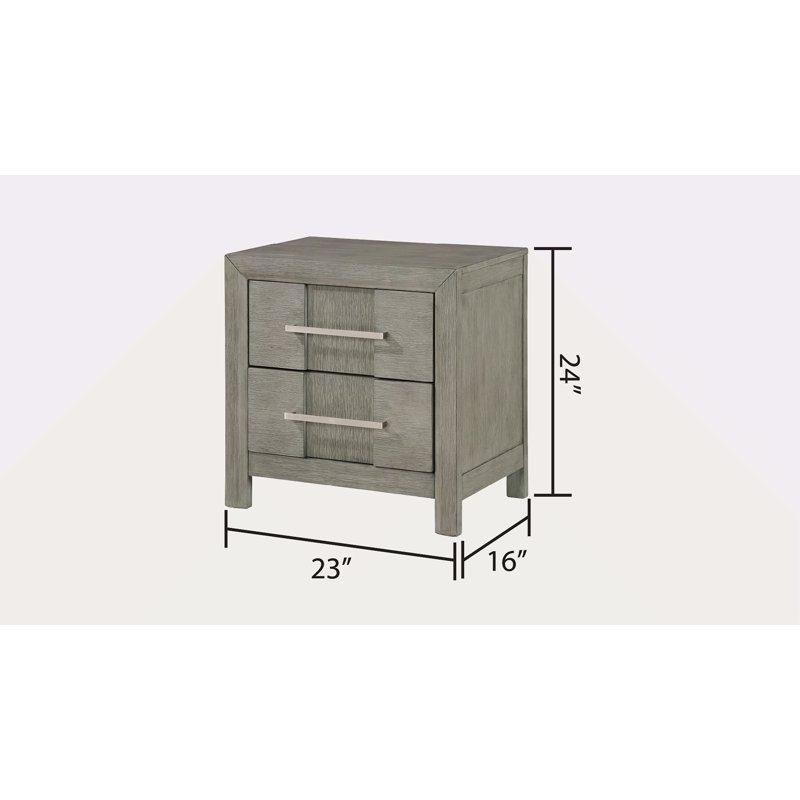 Table de chevet 2 tiroirs de style moderne avec poignées en métal argenté, Gris