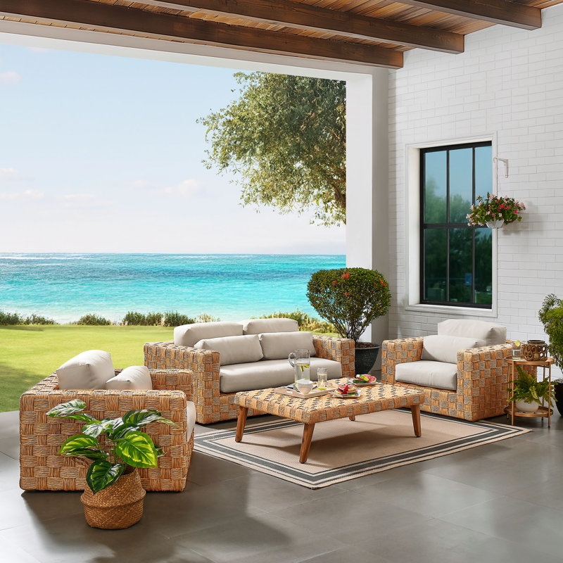 Thames 4-Piece Outdoor Patio Wicker Outdoor Patio Rattan Furniture Set In Natural Light Gray