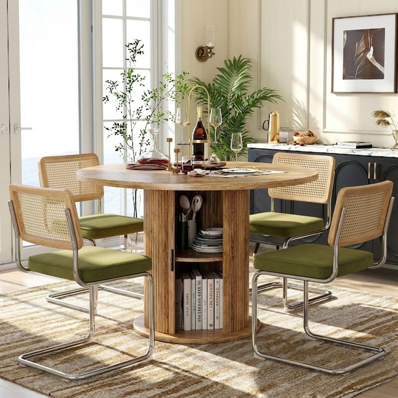 5-piece Round Pedestal Dining Set With Cane Back Cantilever Chairs, Green