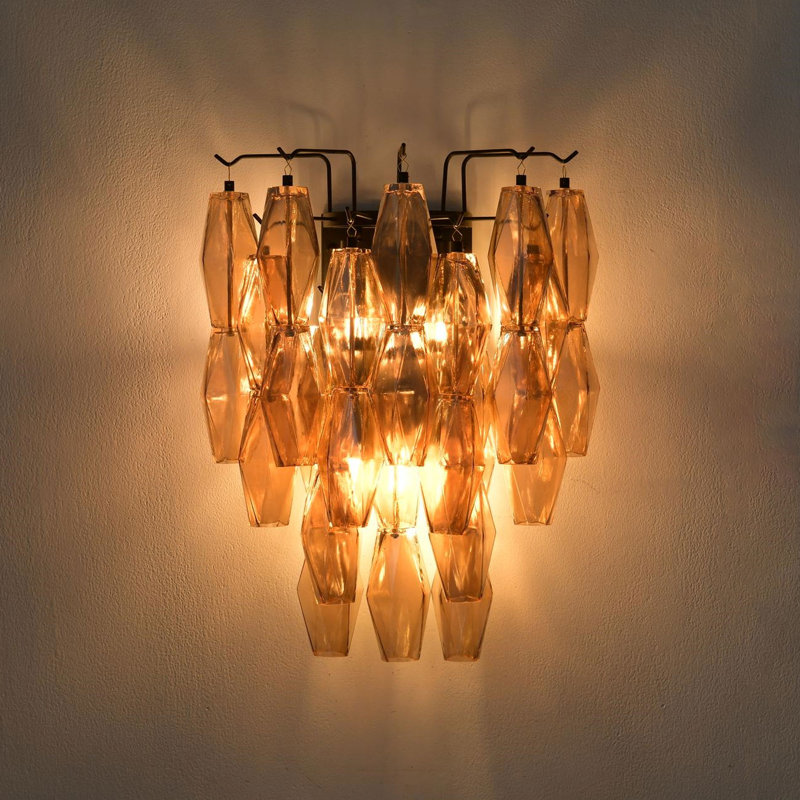 3-Light Dimmable Flush Mounted Wall Sconce with Amber Glass (Bulbs Included), Matte Black