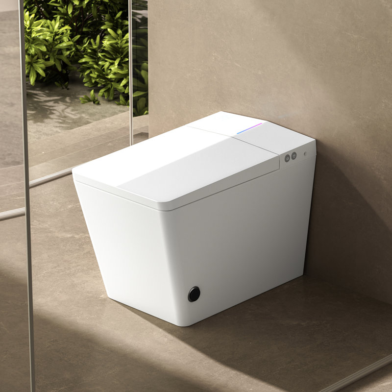 Square Built-In Tank Smart Toilet For Bathrooms - Remote Command, Auto Flush Mechanism, Heated Seat Feature, Led Panel, User Tailored Options, White Modern Bathroom With Attached Remote-Controlled,