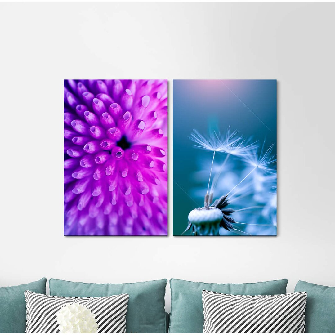 2-tlg. Leinwandbilder-Set - Grafikdruck „Dahlia Red Flower Raindrops Violet”