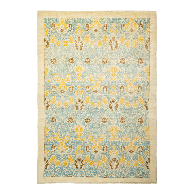 Ivory and Blue Hand-Knotted Wool Damask Area Rug