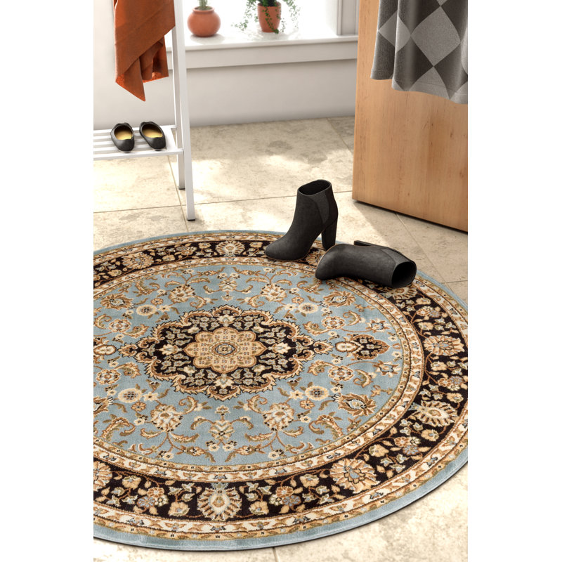 Belliere Medallion Kashan Light Blue Traditional Rug, Round 5'3" x 5'3"