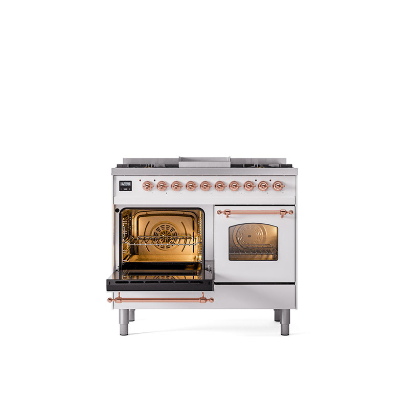 ILVE Nostalgie II Series 40 inch Dual Fuel Range with 6 Sealed Burners, Griddle (Glass Door), Natural Gas, White/Copper