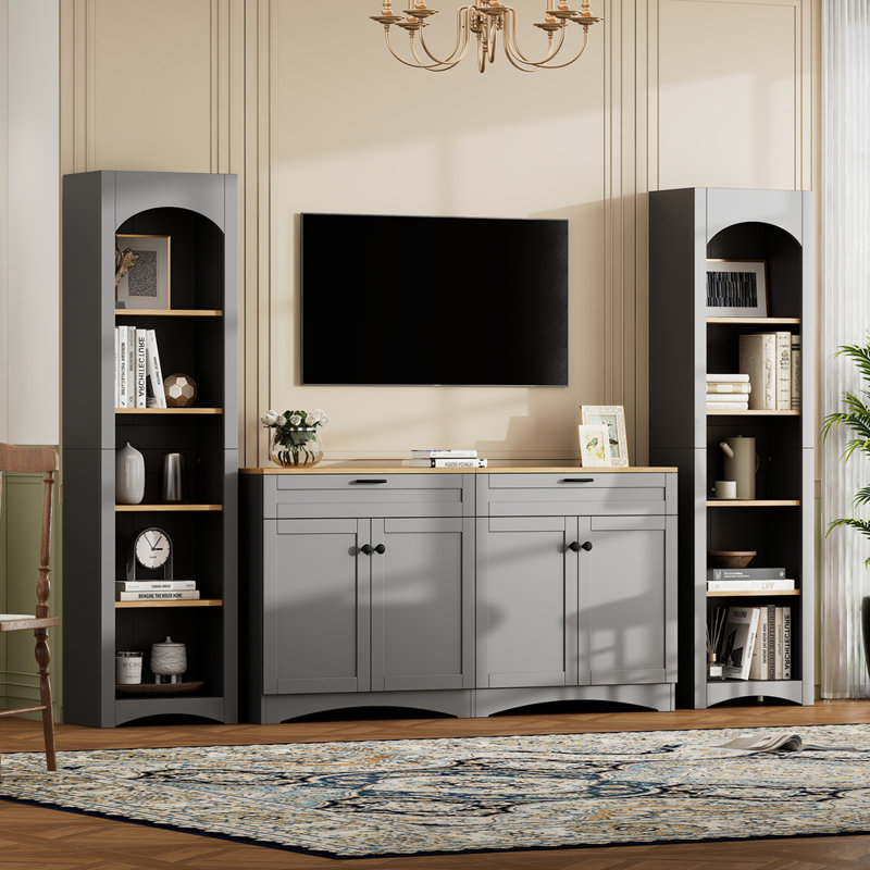 Meuble télé Mid-Century avec bibliothèque, buffet rustique polyvalent avec tablettes réglables, Grey