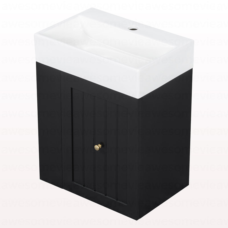 Meuble-lavabo de 20 pouces avec lavabo en céramique, armoire de rangement en panneau de fibres à densité moyenne avec tiroir, tablette latérale et poignée dorée - meuble-lavabo moderne pour les petites salles de bain
