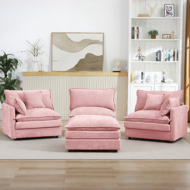 Modular Sectional Sofa, 102 Inch L Shaped Couch Set For Living Room, 3-Seater Comfy Cloud Couches With Movable Ottoman, DIY Combination, Chenille, Pink