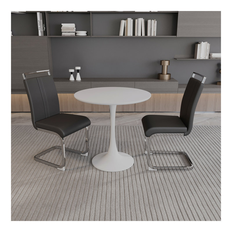 Table de salle à manger 31,5 "circulaire blanche, table de salle à manger, table de salle à manger pour 2 à 4 personnes, plateau et base en panneau de fibres à densité moyenne et 2 chaises de salle à manger en métal argenté