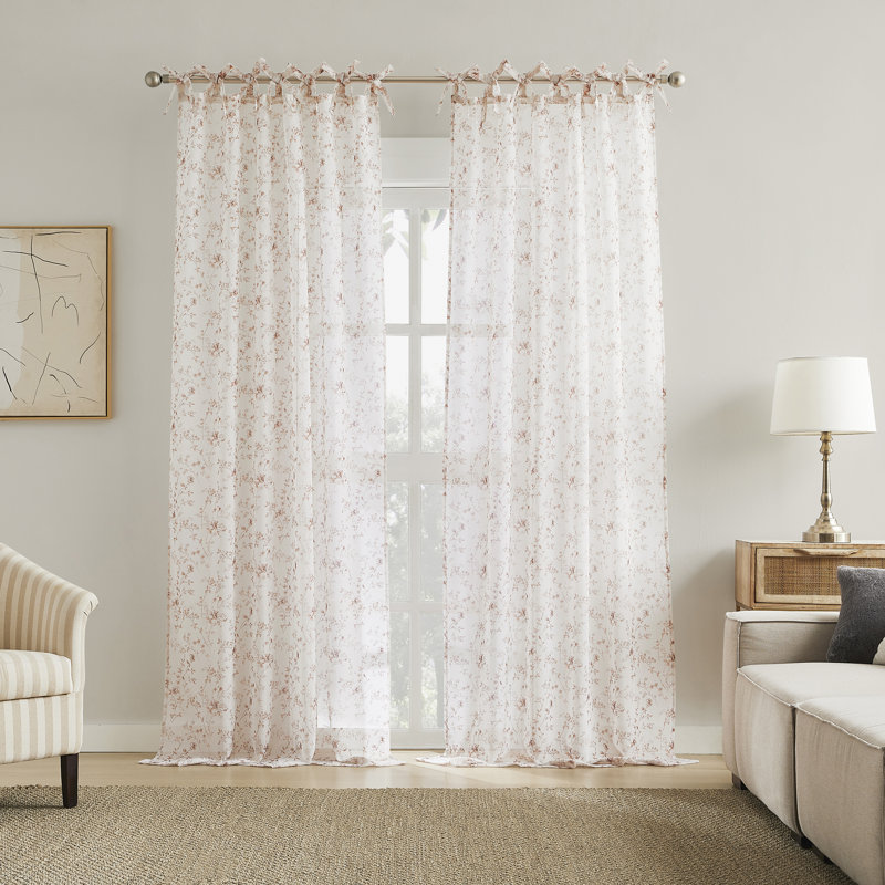 Lioren Tonal Floral Sheer Pre-Tied Bow Tab Top Sheer Tab Top Curtain Panel, 50" W x 84" L