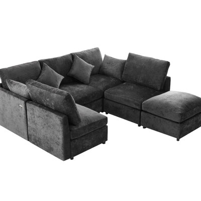 Canapé d'angle modulaire en forme de U ou de L de 220 cm (86,6 po) avec ports de chargement, noir, chenille douce, mousse haute densité, deux coussins décoratifs, repose-pieds amovible, assise confortable en chenille, structure, coussins amovibles