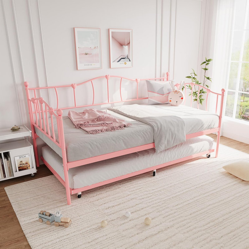 for Living Room, Bedroom Twin Daybed w/ Trundle, Metal Sofa Bed Frame w/ Steel Slat Support, Twin Size Space-Saving Furniture, Love Heart Design