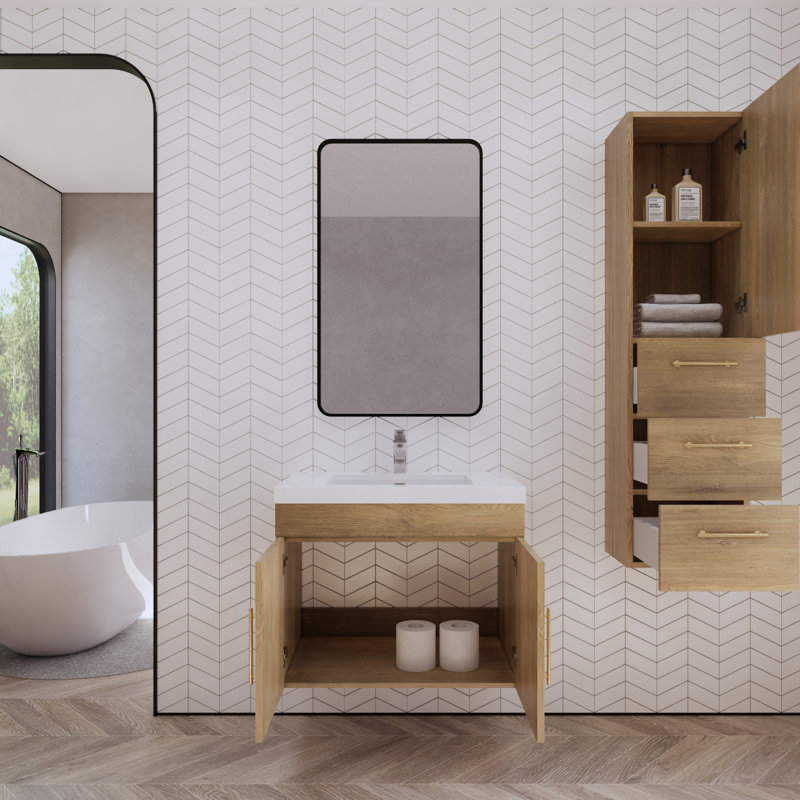 Foushee 29.53'' Single Bathroom Vanity with Acrylic Top, Oak, 30"
