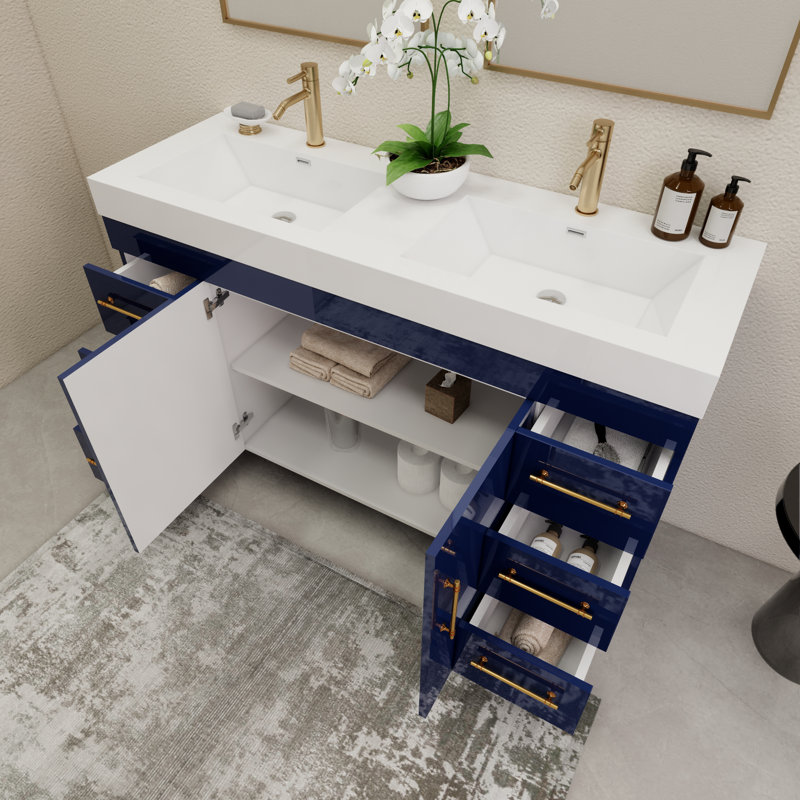 60" Double Bathroom Vanity Set with Drawers and Doors, Night Blue