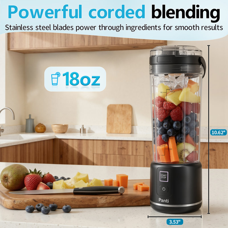 Panti  Portable Blender,18oz. Smoothie Blender with Leakproof-Lid & Sip Spout, USB-C Rechargeable On-the-Go Blender , Dishwasher Safe Parts, Black