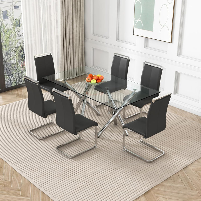 Daarina Modern Dining Table Set, Large Rectangular Glass Table with Silver X-Base and Faux Leather Cantilever Chairs, Black