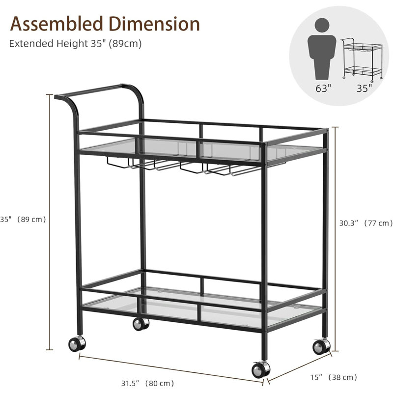 Black 2-Tier Bar Cart For Home, Modern Serving Cart With Wine Rack & Glass Holder, Mobile Kitchen Shelf For Dining Living Room
