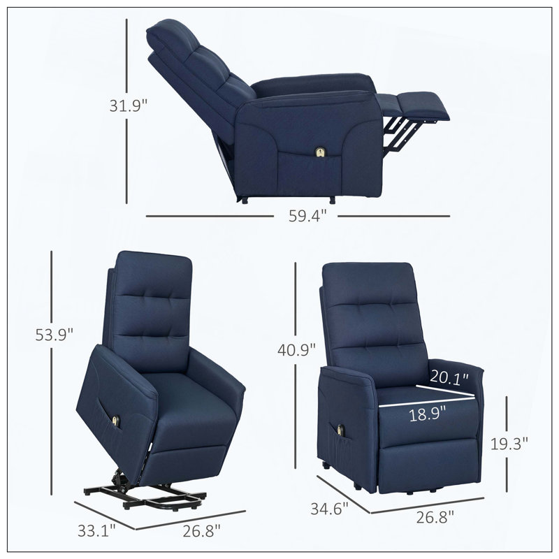 Power Lift Fabric Recliner Sofa Remote Control Side Pockets, Blue