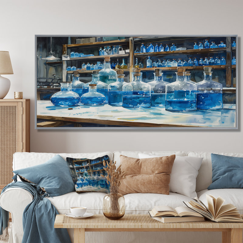 Art mural bleu et bleu synthétique - Laboratories, Encadrement argenté, 28" H x 60" W