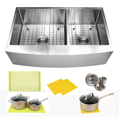 CozyBlock 36"" L x 21"" W Double Basin Farmhouse/Apron Kitchen Sink With Accessories -  eModern Decor, ARL-EFO3621R