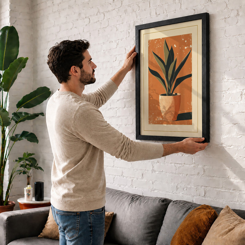 Potted Plant Geometric Botanical - Framed Print, Black, A4 - 29.7 x 21.0 cm