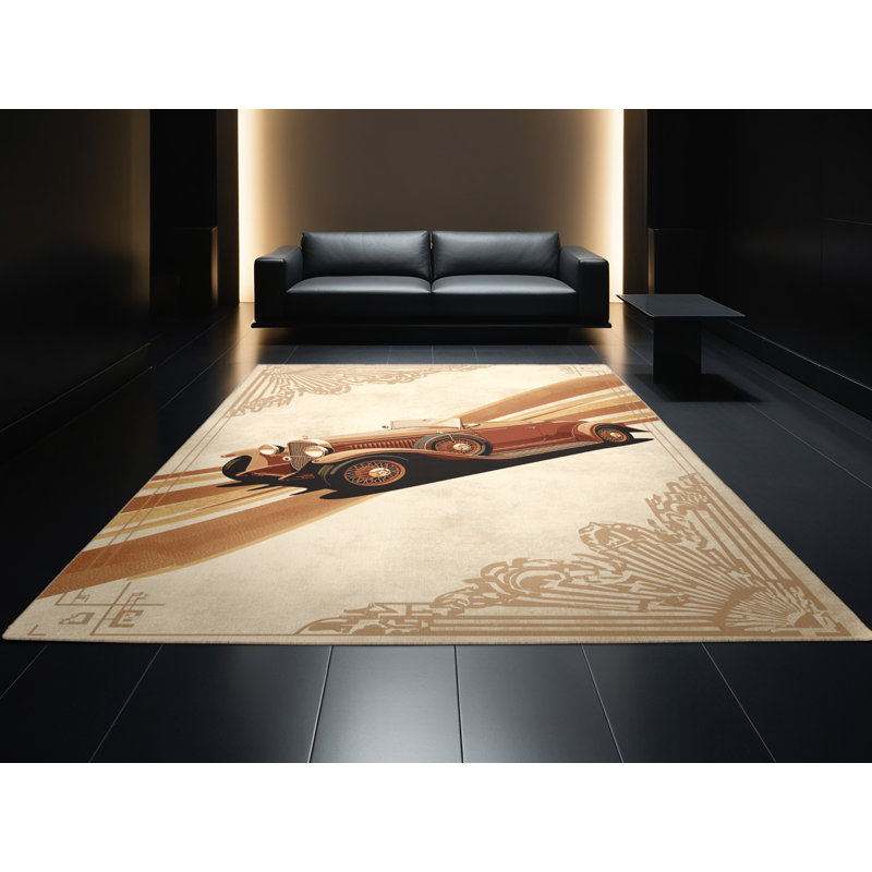 Machine Washable Maurice Antique Roadster Car Traditional Vintage Look Rug in Beige – Beige Binding, 8x10