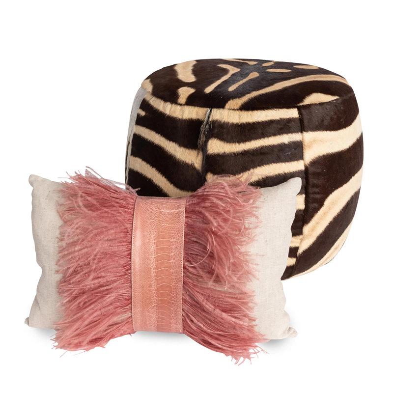 Linen Lumbar Pillow with Ostrich Feather Trim, Natural Linen/Blush Ostrich Feather