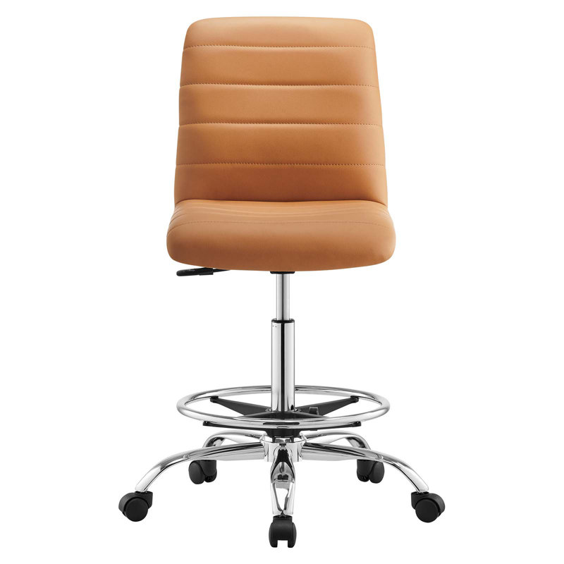 Modway Ripple Armless Vegan Leather Drafting Chair, Tan, Silver