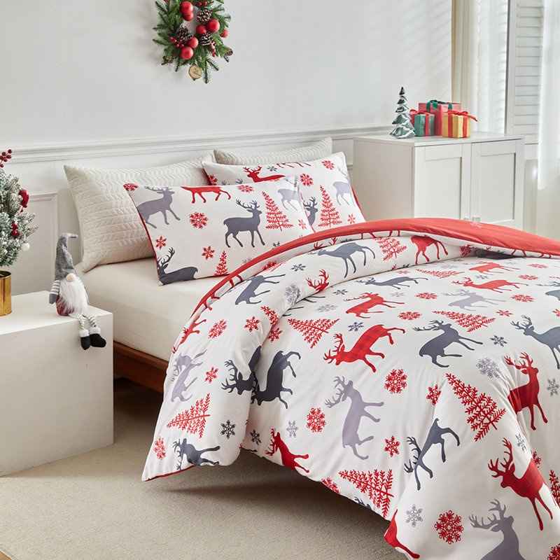 Ensemble de housse de couette de Noël imprimé flocon de neige renne, Housse de couette pour grand lit et 2 taies décor