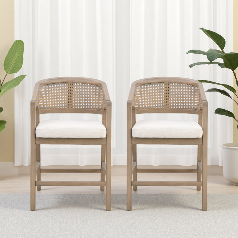 Tabouret de comptoir en bois avec dossier en rotin et ensemble de 2, Frêne clair