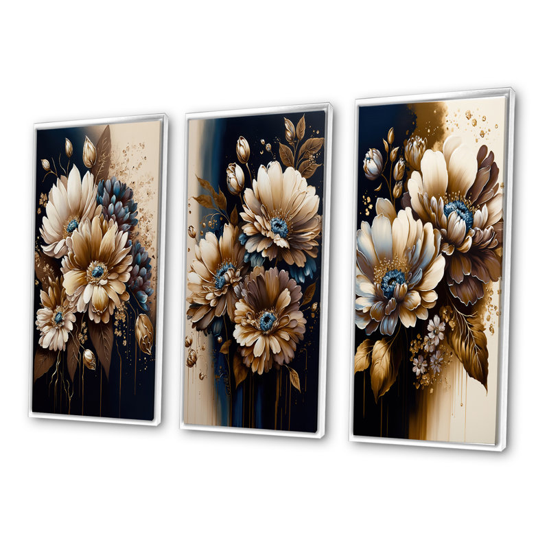 «Brown Daisy Bunch», 3 pièces sur toile, H 40 po x l 60 po, Blanc
