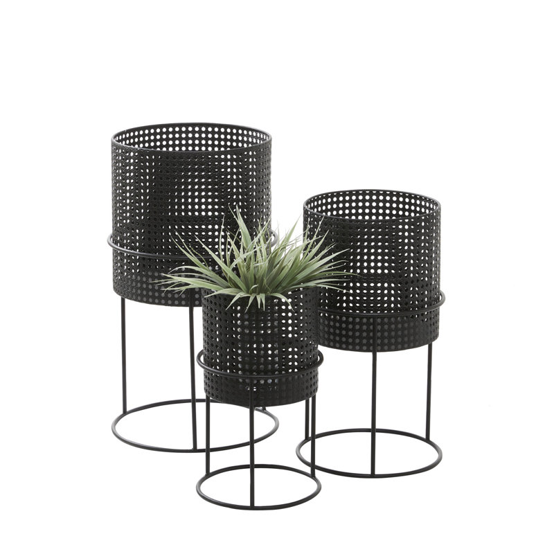Set of 3 Black Metal Perforated Cylinder Floor Planters