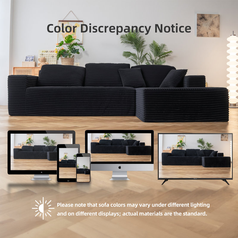 Boneless 110" W Black Corduroy Upholstered Modular Sectional Sofa with 5 Pillows, 2-Piece Convertible Sleeper, No Assembly Required