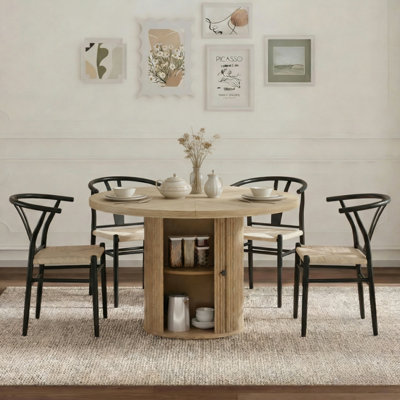 Ensemble de 4 pièces de chaises de salle à manger tissées noires, comprenant une table ronde romaine de 47,2 pouces avec fonction de rangement, convenant aux restaurants / couleur bois