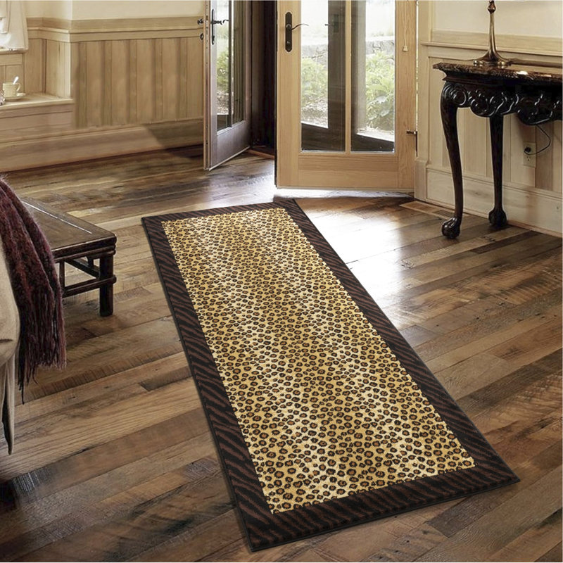 2 Ft. 7 In. X 3 Animal Print Runner Rug, Beige And Black, Machine-Made Polypropylene, Wild Style, Stain , & Pet , Suitable For High Traffic Areas 31 Wide 87 Long, Mountain Rustic Lodge Soft ,