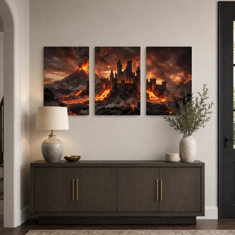 «Dark Castle Near Erupting Volcano», ensemble de 3 toiles d'Halloween, H 18 po x l 12 po x 3 pièces