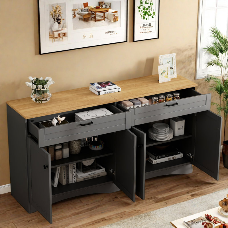 Farmhouse Sideboard With Adjustable Shelves And Rustic Handles, Gray