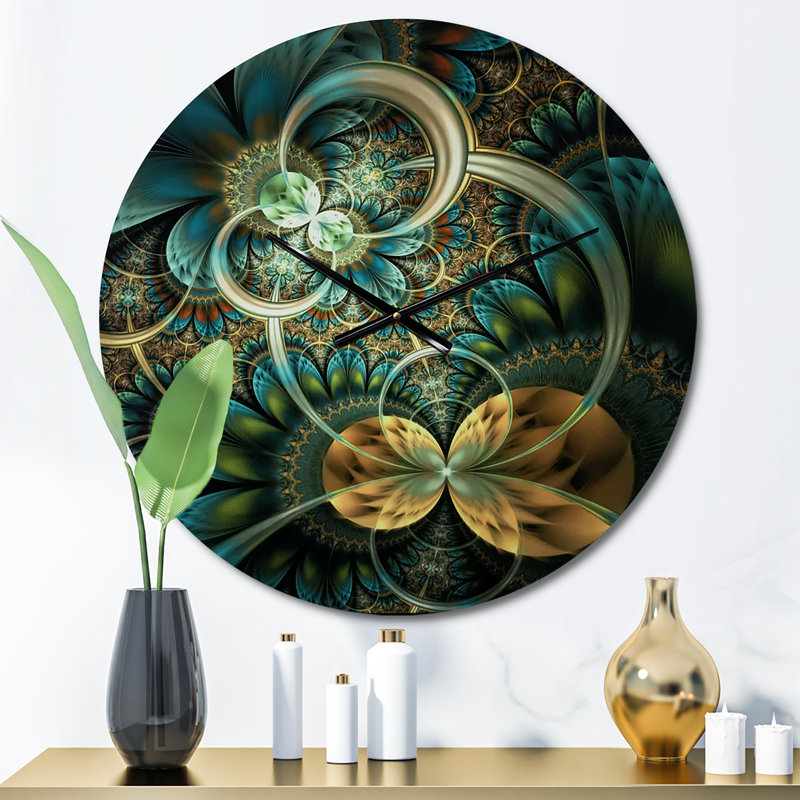 Symmetrical Blue Gold Fractal Flower - Modern wall clock, Medium