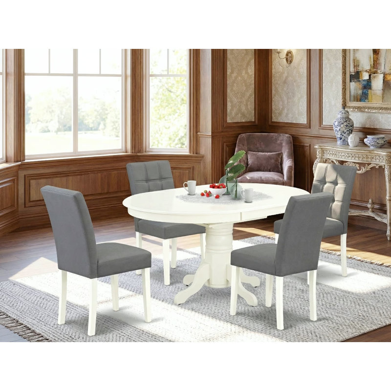 5 Piece Dinner Table Set Includes A Wood Table and 4 Platinum Gray Polyester Fabric Kitchen Chairs with Stylish Back- Linen White Finish