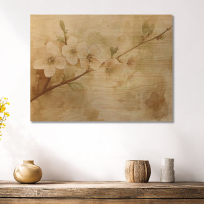 Fleurs de cerisier terreux brun tiges II - planche de bois asiatique, art mural