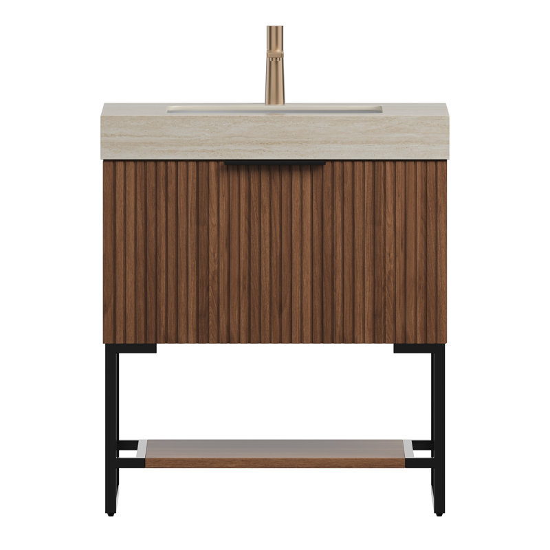 Meuble-lavabo de luxe avec évier 30 po, plateau en pierre frittée noyer foncé