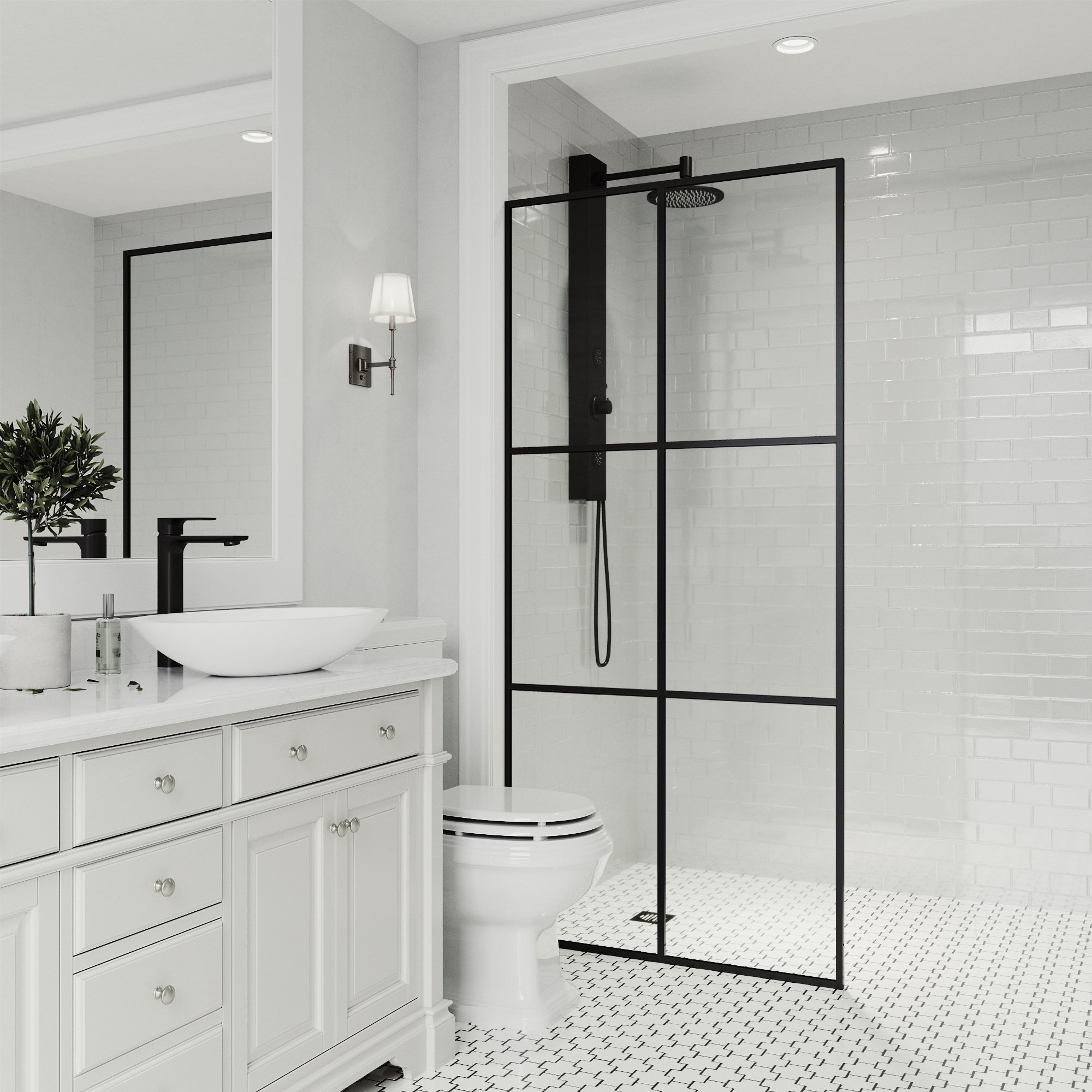 Ventana 34" W x 74" H Fixed Framed Shower Screen with 3/8" Glass, Matte Black Clear